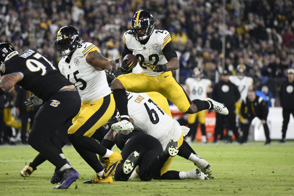 Pittsburgh Steelers running back Najee Harris (22) in action during the first half of an NFL football game against the Baltimore Ravens, Sunday, Jan. 1, 2023, in Baltimore. (AP Photo/Nick Wass)