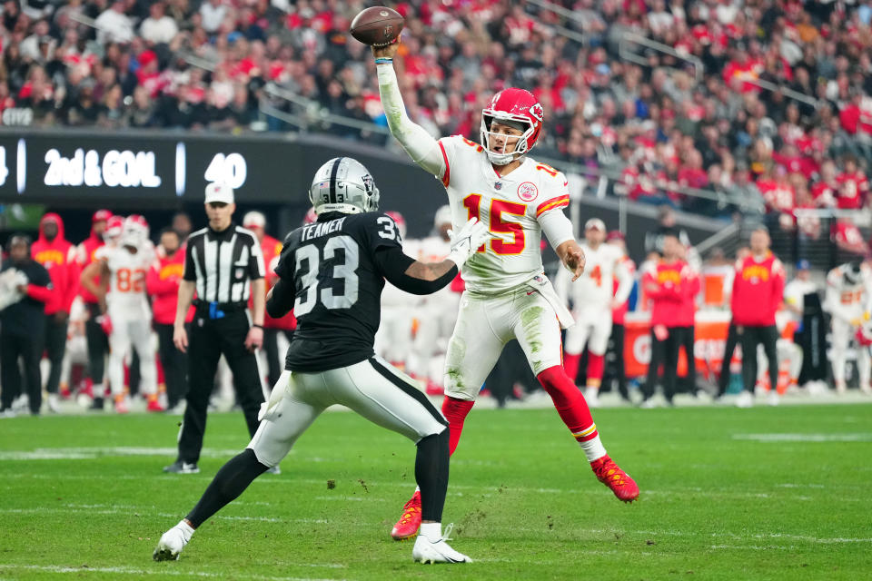 LAS VEGAS, NEVADA - JANUARY 07: Quarterback Patrick Mahomes #15 of the Kansas City Chiefs attempts a pass against safety Roderic Teamer #33 of the Las Vegas Raiders during the fourth quarter at Allegiant Stadium on January 07, 2023 in Las Vegas, Nevada. (Photo by Jeff Bottari/Getty Images)