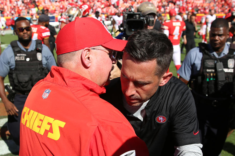 KANSAS CITY, MO - SEPTEMBER 23: Kansas City Chiefs head coach Andy Reid and San Francisco 49ers head coach Kyle Shanahan exchange words after a week 3 NFL game between the San Francisco 49ers and Kansas City Chiefs on September 23, 2018 at Arrowhead Stadium in Kansas City, MO. The Chiefs won 38-27. (Photo by Scott Winters/Icon Sportswire via Getty Images)