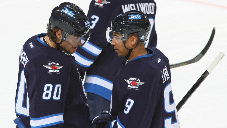 Nik Antropov and Evander Kane were teammates for four seasons split between Winnipeg and Atlanta. (Photo by Jonathan Kozub/NHLI via Getty Images)