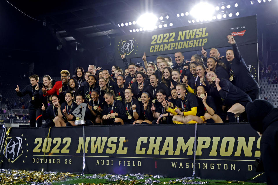 Oct 29, 2022; Washington, D.C., USA; The Portland Thorns FC celebrate winning the NWSL championship game against the Kansas City Current at Audi Field. Mandatory Credit: Geoff Burke-USA TODAY Sports