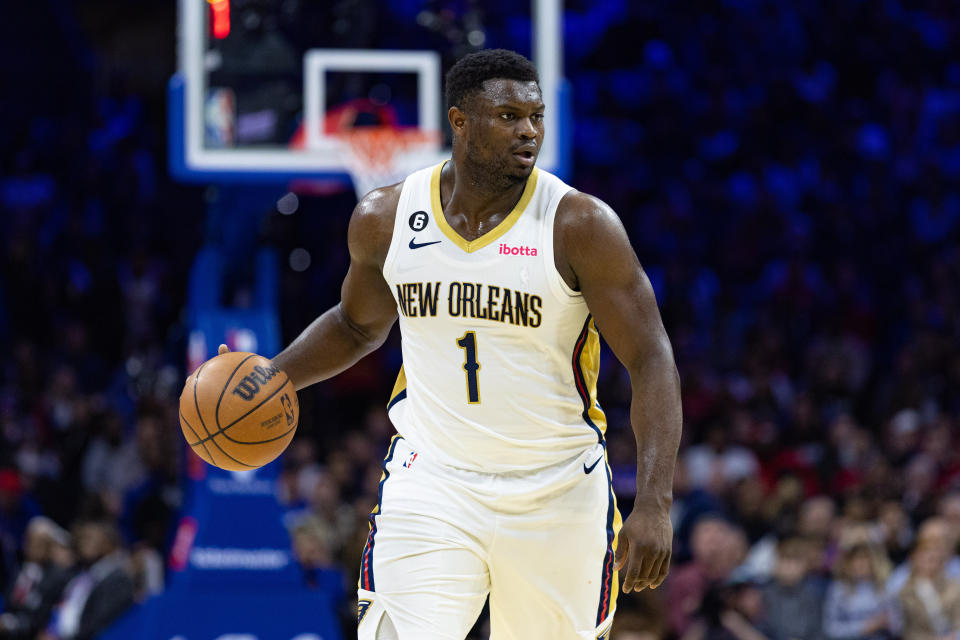 Jan 2, 2023; Philadelphia, Pennsylvania, USA; New Orleans Pelicans forward Zion Williamson (1) in action against the Philadelphia 76ers during the third quarter at Wells Fargo Center. Mandatory Credit: Bill Streicher-USA TODAY Sports