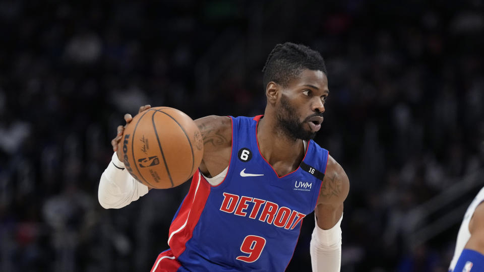 Detroit Pistons forward Nerlens Noel plays during the second half of an NBA basketball game, Sunday, Jan. 8, 2023, in Detroit. (AP Photo/Carlos Osorio)