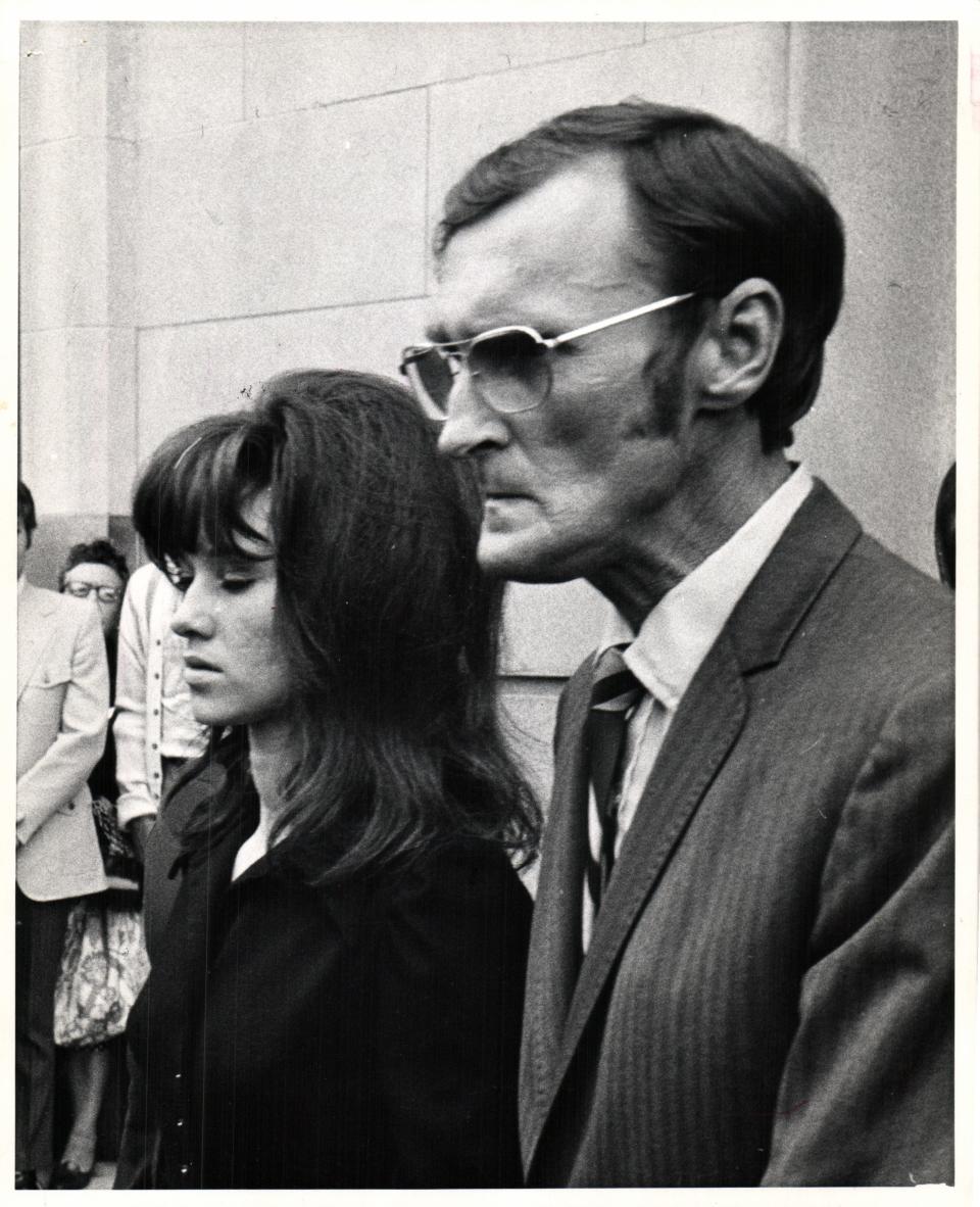 Chuck Hughes' wife, Sharon, and Chuck Hughes' brother, Tom, photographed after court proceedings. Chuck Hughes died suffering a heart attack as he played in a 1971 game for the Detroit Lions. Henry Ford Hospital and Sharon Hughes in 1974 settled a malpractice lawsuit she filed; her husband died of an undiagnosed heart condition. &quot;I keep thinking maybe I shouldn't be filing this suit,&quot; Sharon Hughes said at the time.