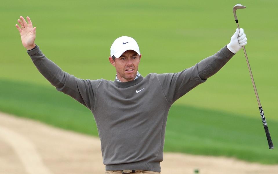 Rory McIlroy of Northern Ireland reacts following their second shot for an eagle on the 8th hole during Day Two the Hero Dubai Desert Classic at Emirates Golf Club on January 27, 2023 in Dubai, United Arab Emirates - Warren Little/Getty Images