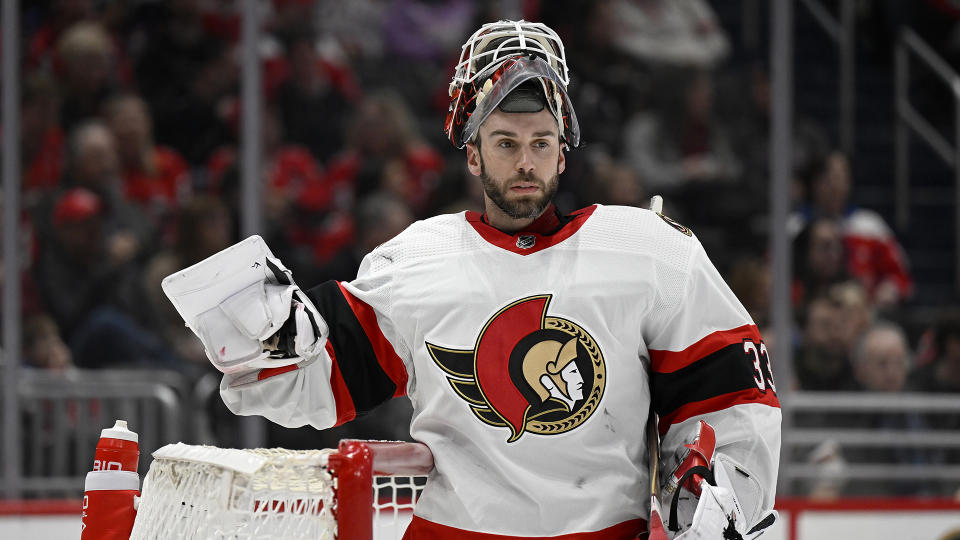 Senators goalie Cam Talbot seems very aware of the buzz Ryan Reynolds is getting for a possible purchase of the team. (Photo by G Fiume/Getty Images)