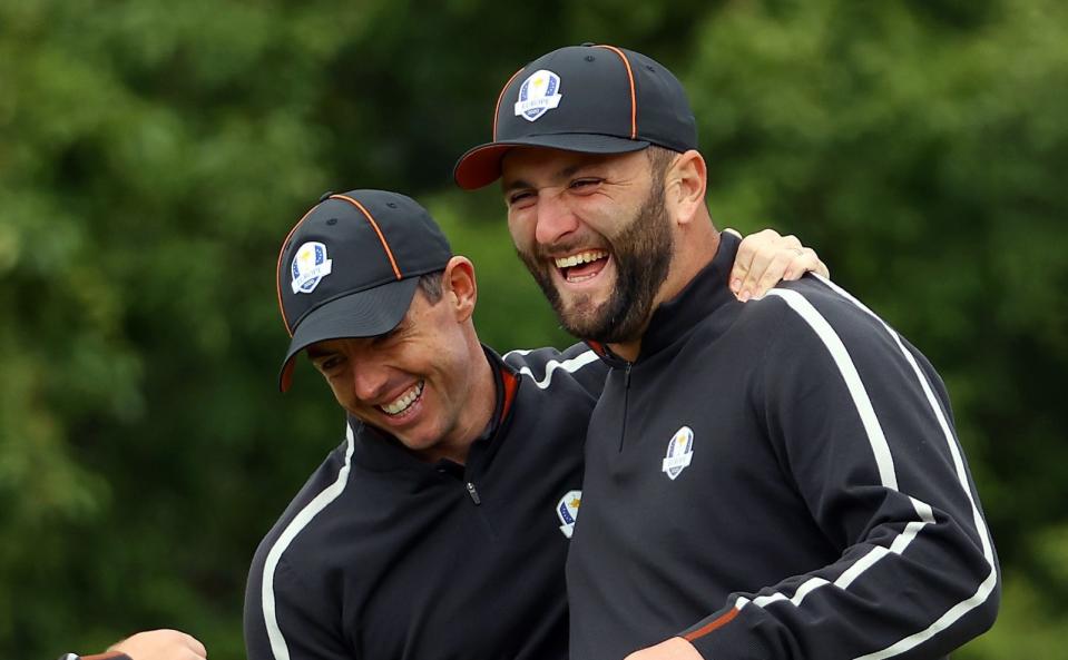 Tyrrell Hatton of England and team Europe, Rory McIlroy of Northern Ireland and team Europe, and Jon Rahm of Spain and team Europe react on the ninth during practice rounds prior to the 43rd Ryder Cup at Whistling Straits on September 23, 2021 in Kohler, Wisconsin - Andrew Redington/Getty Images