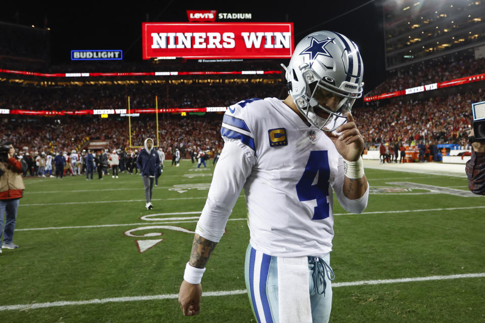 Dallas Cowboys quarterback Dak Prescott (4) took the blame for the offense's shortcomings in Sunday's divisional playoff loss to the 49ers. (AP Photo/Josie Lepe)