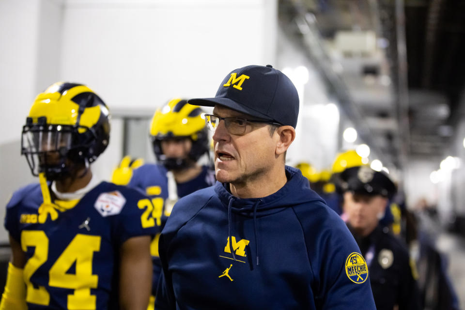 Dec 31, 2022; Glendale, Arizona, USA; Michigan Wolverines head coach Jim Harbaugh against the TCU Horned Frogs in the 2022 Fiesta Bowl at State Farm Stadium. Mandatory Credit: Mark J. Rebilas-USA TODAY Sports