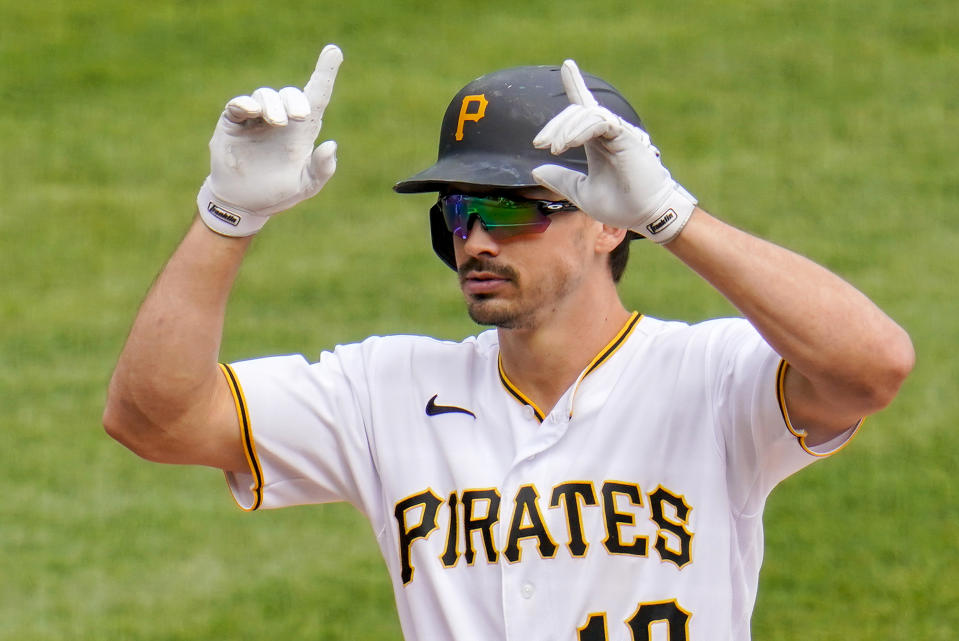 Pirates outfielder Bryan Reynolds, who has reportedly requested a trade, is perhaps the most appealing outfielder available to high-flying teams such as the Yankees and Dodgers. (AP Photo/Gene J. Puskar)