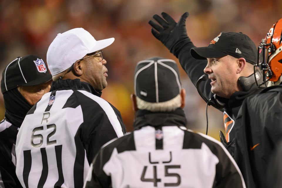 Cincinnati Bengals head coach Zac Taylor argues a call with referee Ronald Torbert (62) during during the second half of the NFL AFC Championship playoff football game against the Kansas City Chiefs, Sunday, Jan. 29, 2023 in Kansas City, Mo. (AP Photo/Reed Hoffmann)
