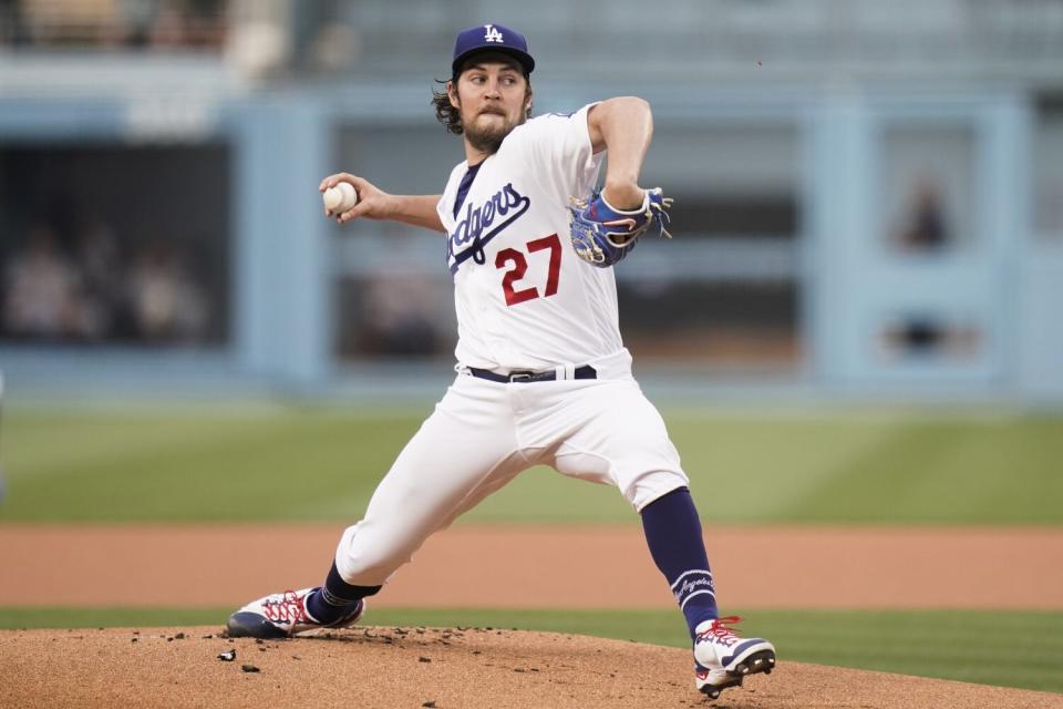 Dodgers pitcher Trevor Bauer throws against the San Francisco Giants in 2021.