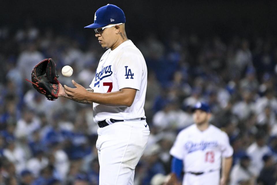 Dodgers starting pitcher Julio Urías stands on the mound in Game 1 of the NLDS against the San Diego Padres.