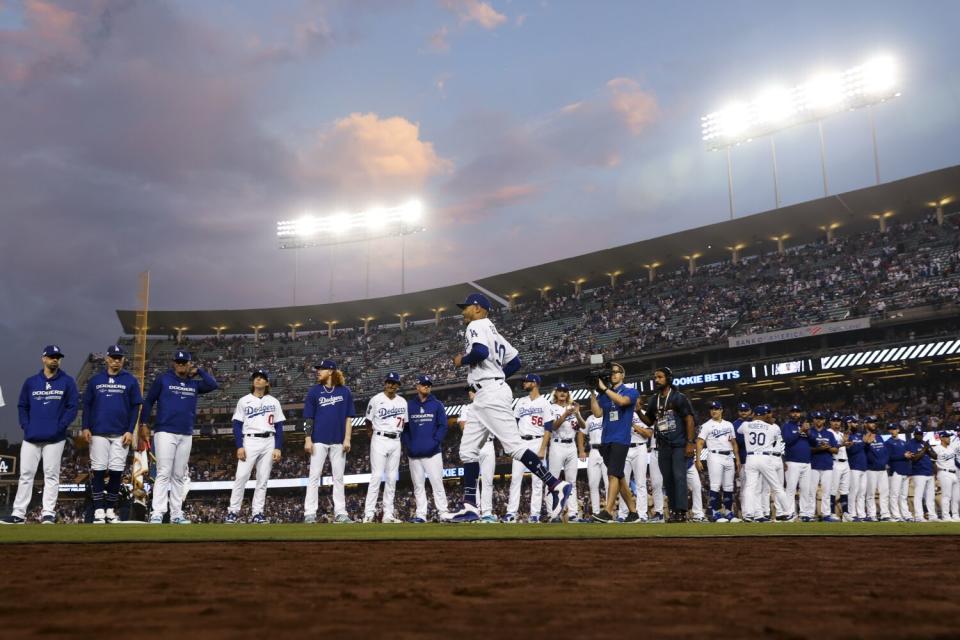 The Dodgers are introduced before Game 1 of the NLDS against the San Diego Padres on Oct. 11.