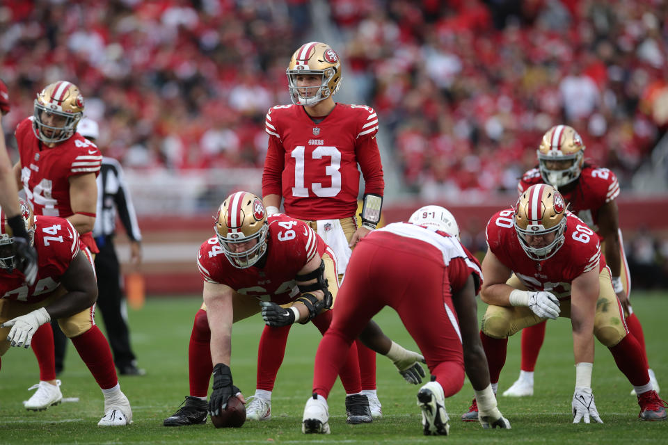 How will Brock Purdy handle his NFL playoff debut in a wild-card game against the Seahawks. (Photo by Michael Zagaris/San Francisco 49ers/Getty Images)