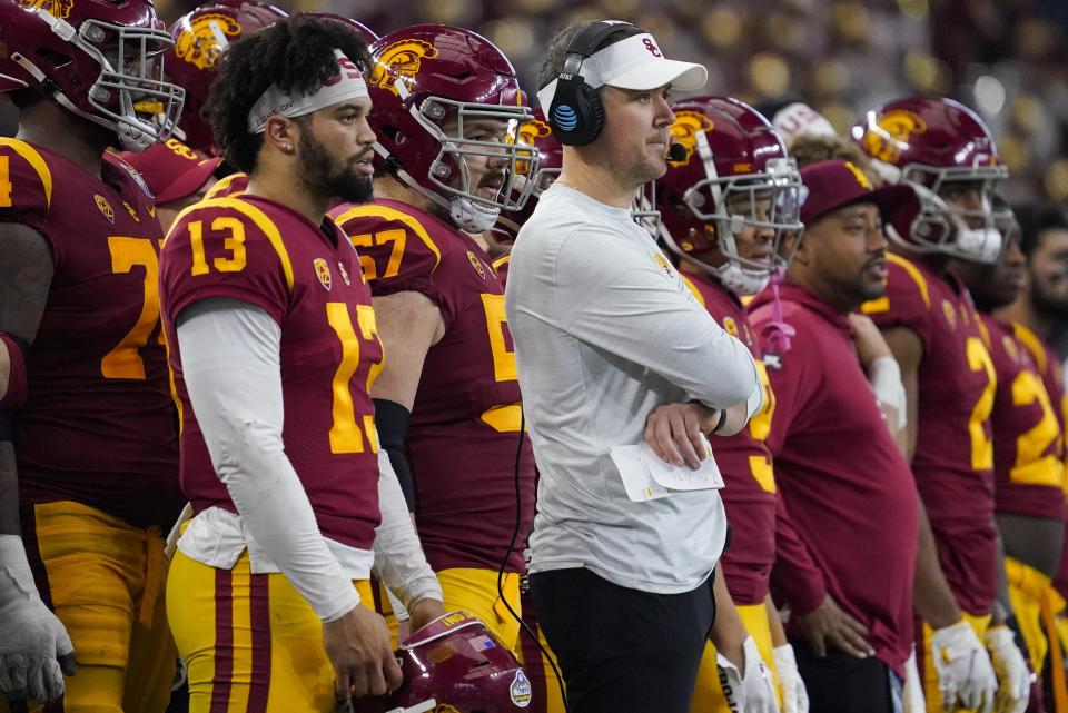 USC quarterback Caleb Williams (13) is one of many stars who head coach Lincoln Riley added to the roster via the transfer portal. There's more to come in 2023. (AP Photo/Sam Hodde)