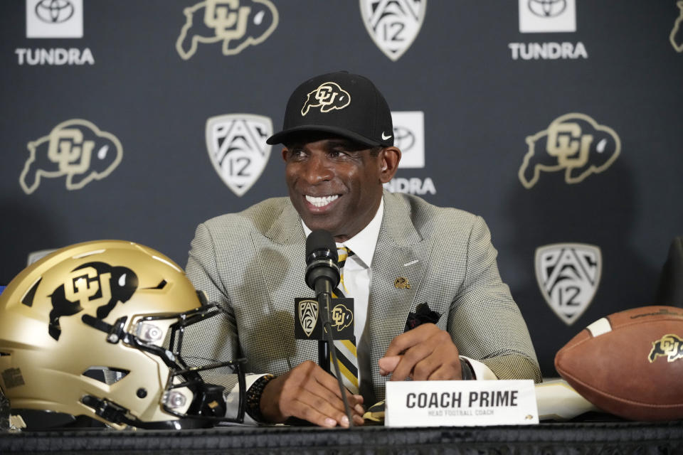 Deion Sanders has already added 25 transfer players to the Colorado roster as he enters his his first year as head coach. (AP Photo/David Zalubowski)