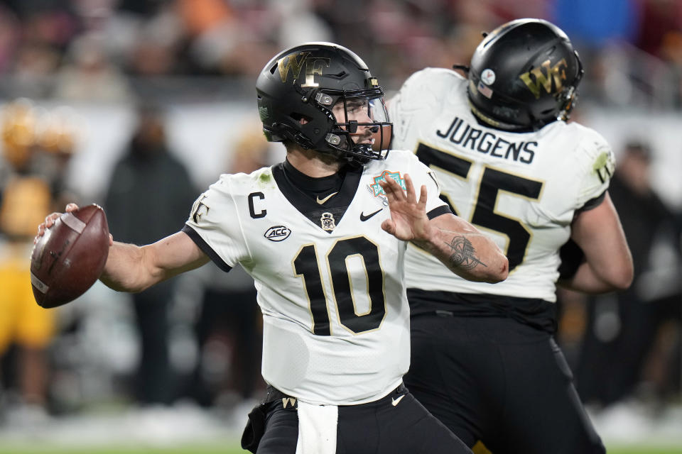 Quarterback Sam Hartman transferred to Notre Dame after throwing for nearly 13,000 yards in multiple years as Wake Forest's starter. (AP Photo/Chris O'Meara)
