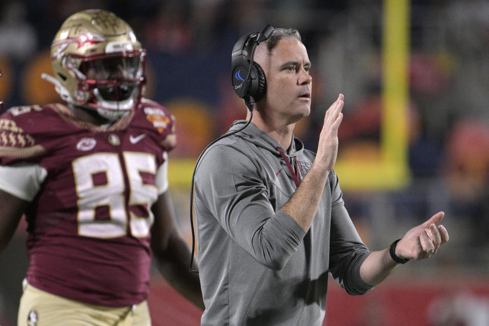 Florida State coach Mike Norvell (right) had added a lot of quality talent in the transfer portal, and expectations are sky high because of it. (AP Photo/Phelan M. Ebenhack)