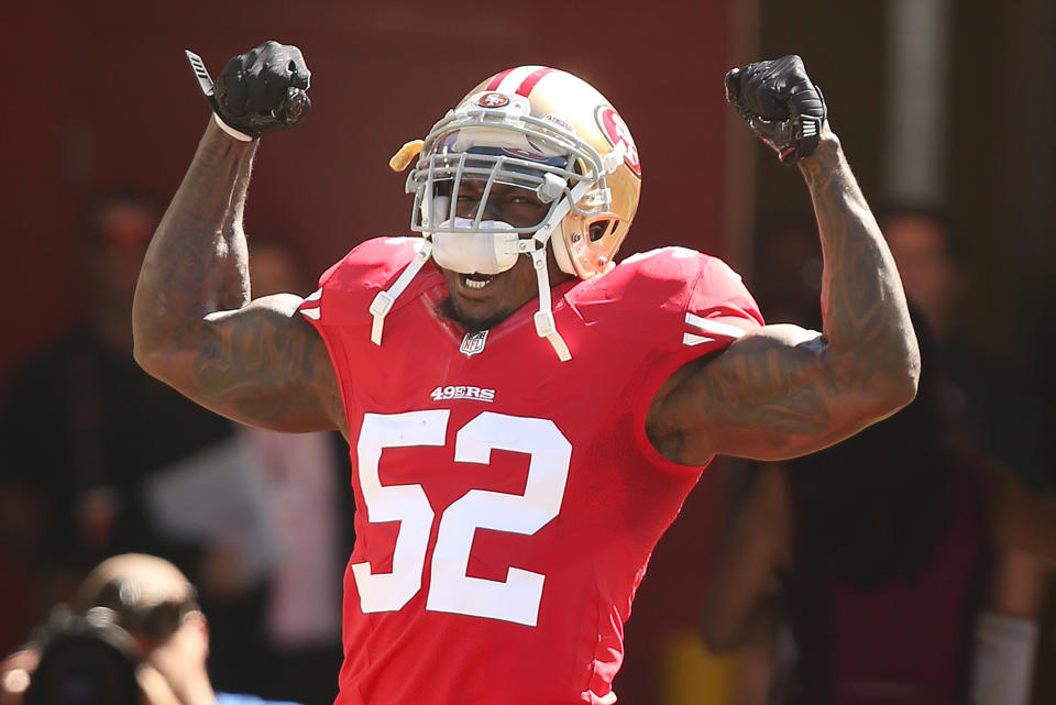 Patrick Willis is one of four defensive players in NFL history — along with Lawrence Taylor, Aaron Donald and Derrick Thomas — to be a Pro Bowler each of their first seven seasons in the NFL. The accolades hardly end there. (Photo by Daniel Gluskoter/Icon Sportswire/Corbis/Icon Sportswire via Getty Images) 