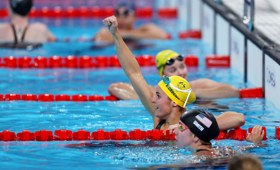 NANTERRE, FRANCE - JULY 30: Kaylee McKeown of Team Australia celebrates after winning gold in the Women's 100m Backstroke Final on day four of the Olympic Games Paris 2024 at Paris La Defense Arena on July 30, 2024 in Nanterre, France. (Photo by Sarah Stier/Getty Images)