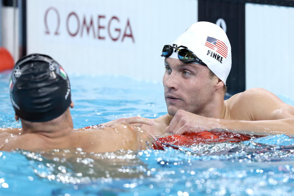 Bobby Finke of Team United States reacts after competing in a Men’s 800m Freestyle race at the 2024 Paris Olympics. (Adam Pretty/Getty Images)