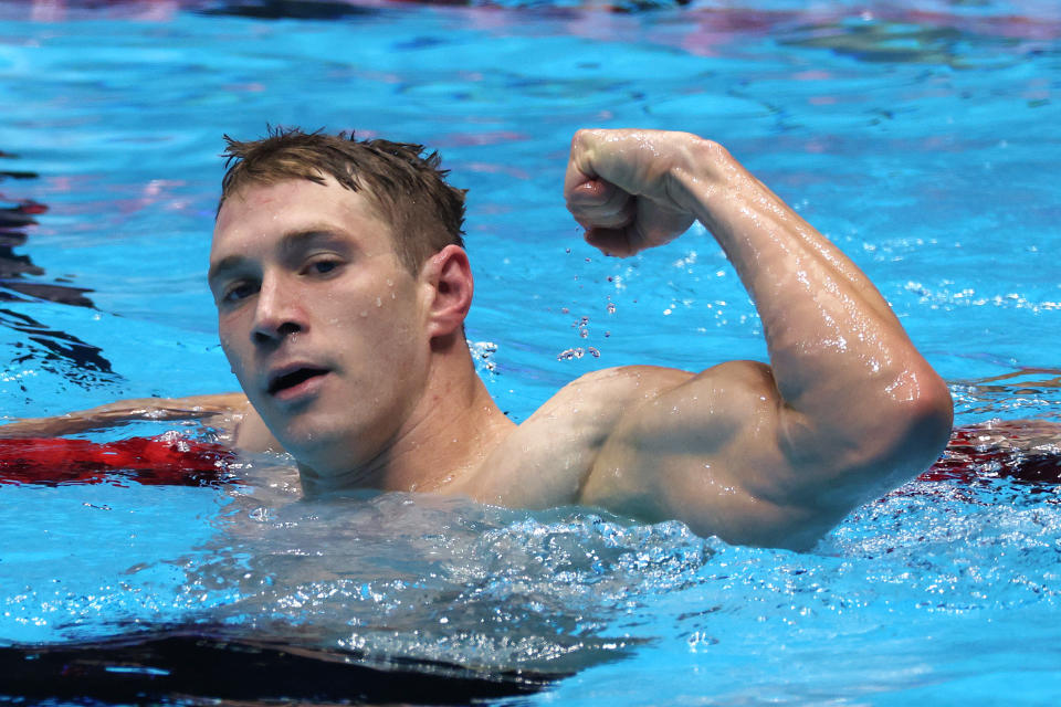 INDIANAPOLIS, INDIANA - JUNE 17: Ryan Murphy of the United States reacts after the Men's 100m backstroke final on Day Three of the 2024 U.S. Olympic Team Swimming Trials at Lucas Oil Stadium on June 17, 2024 in Indianapolis, Indiana. (Photo by Al Bello/Getty Images)