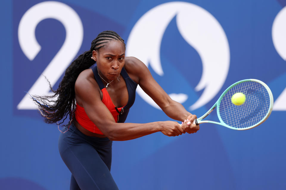 PARIS, FRANCE - JULY 24: Coco Gauff of Team USA trains during the Tennis training session ahead of the Paris 2024 Olympic Games at Roland Garros on July 24, 2024 in Paris, France. (Photo by Clive Brunskill/Getty Images)