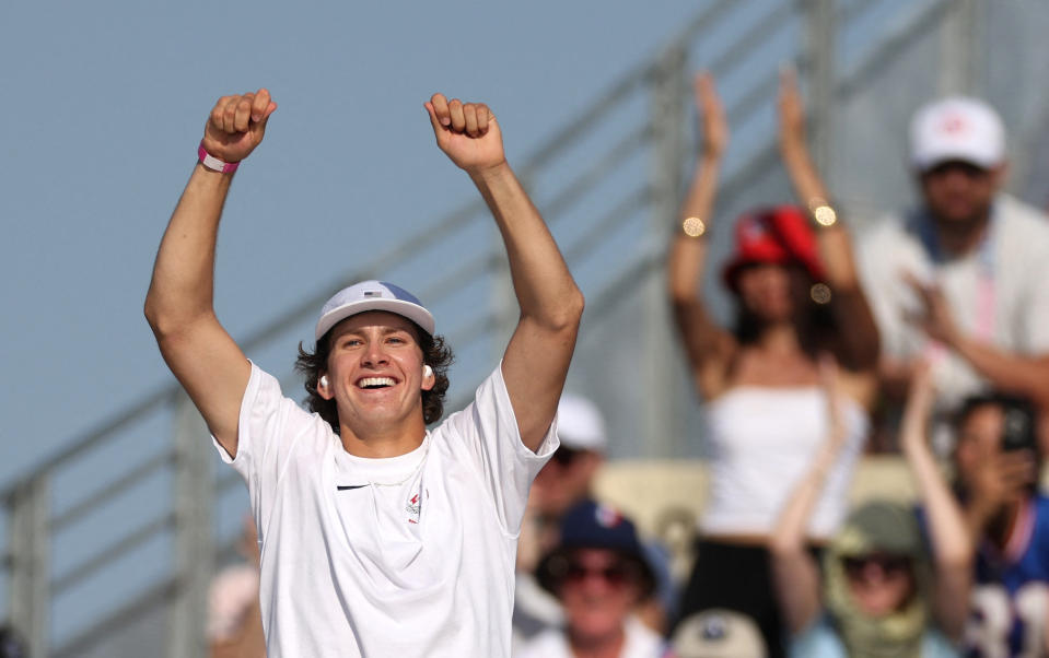 Paris 2024 Olympics - Skateboarding - Men's Street Final - La Concorde 3, Paris, France - July 29, 2024. Jagger Eaton of United States reacts during the final. REUTERS/Pilar Olivares