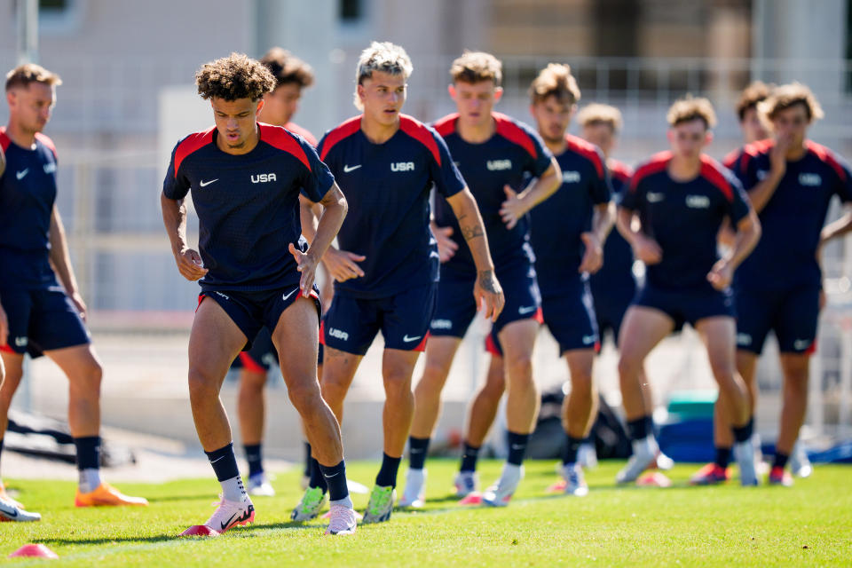 MARSEILLE, FRANCE - JULY 23: Kevin Paredes warms up during USMNT U23 training on July 23, 2024 in Marseille, France. (Photo by Andrea Vilchez/ISI/Getty Images)