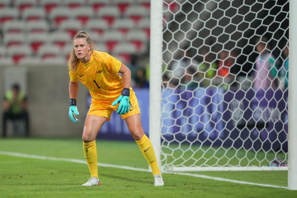 NICE, FRANCE - JULY 25: Alyssa Naeher #1 of the United States during the second half of the Women's group B match between United States and Zambia during the Olympic Games Paris 2024 at Stade de Nice on July 25, 2024 in Nice, France. (Photo by John Todd/ISI/Getty Images)