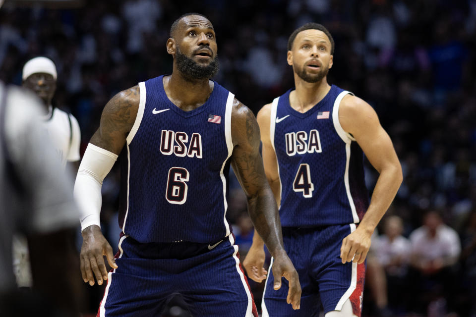 LONDON, ENGLAND: JULY 20: LeBron James #6 of the United States and Stephen Curry #4 of the United States during the USA V South Sudan, USA basketball showcase in preparation for the Paris Olympic Games at The O2 Arena on July 20th, 2024, in London, England. (Photo by Tim Clayton/Corbis via Getty Images)