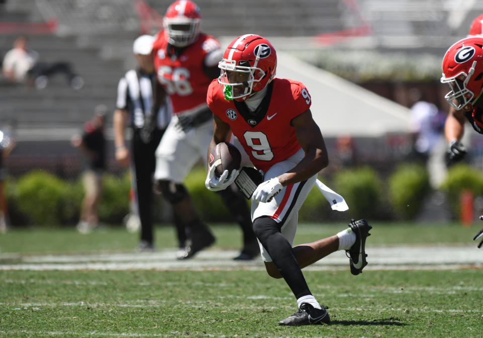 Athens, GA - APRIL 13: Georgia Bulldogs Wide Receiver Rara Thomas (9) rushes the ball during the G-Day Red and Black Spring Game on April 13, 2024, Sanford Stadium in Athens, GA. (Photo by Jeffrey Vest/Icon Sportswire via Getty Images)