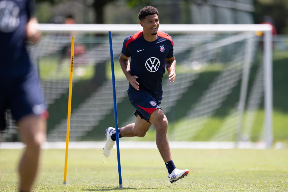 BETHESDA, MD - JUNE 7: Miles Robinson of the United States warms up during USMNT Training at Landon School on June 7, 2024 in Bethesda, Maryland. (Photo by John Dorton/ISI Photos/USSF/Getty Images for USSF)