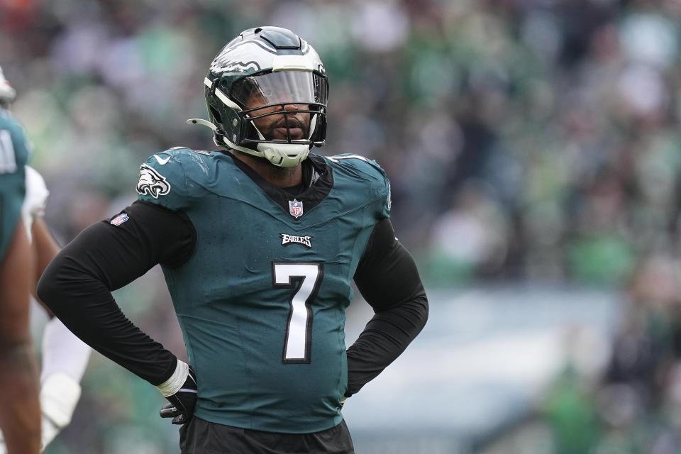 PHILADELPHIA, PENNSYLVANIA - DECEMBER 31: Haason Reddick #7 of the Philadelphia Eagles looks on against the Arizona Cardinals at Lincoln Financial Field on December 31, 2023 in Philadelphia, Pennsylvania. (Photo by Mitchell Leff/Getty Images)