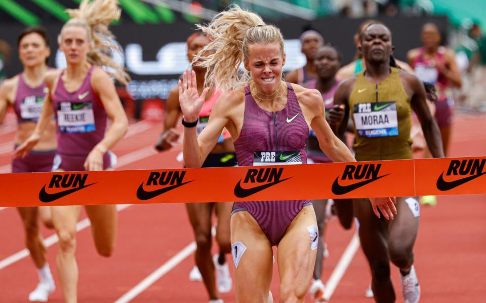 Keely Hodgkinson wins the women's 800 meters during the Prefontaine Classic track and field meet on May 25, 2024, in Eugene