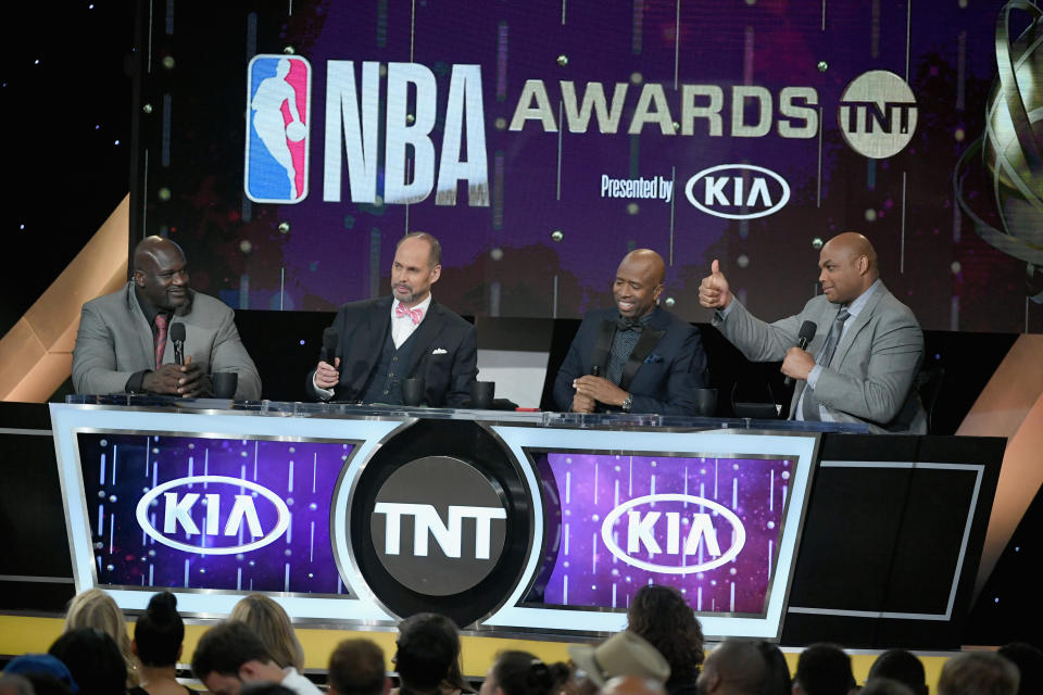 SANTA MONICA, CA - JUNE 25: (L-R) Shaquille O'Neal, Ernie Johnson Jr., Kenny Smith, and Charles Barkley speak onstage at the 2018 NBA Awards at Barkar Hangar on June 25, 2018 in Santa Monica, California. (Photo by Kevin Winter/Getty Images for Turner Sports)