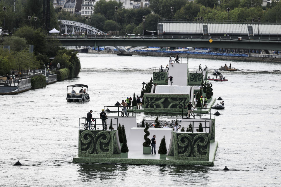 PARIS, FRANCE - JULY 24: Boats and cast members rehearse on the Seine River for the opening ceremony of Paris 2024 Olympic Games on July 24, 2024 in Paris, France. (Photo by An Lingjun/CHINASPORTS/VCG via Getty Images)