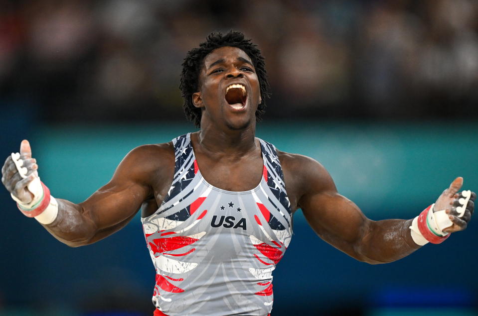 Paris , France - 29 July 2024; Frederick Richard of Team USA celebrates after the horizontal bars during the men's team final at the Gymnastics Bercy Arena during the 2024 Paris Summer Olympic Games in Paris, France. (Photo By David Fitzgerald/Sportsfile via Getty Images)