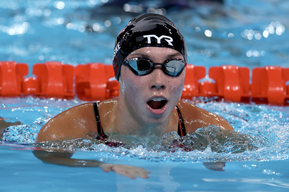 NANTERRE, FRANCE - JULY 31: Torri Huske of Team United States reacts after winning silver in the Women's 100m Freestyle Final on day five of the Olympic Games Paris 2024 at Paris La Defense Arena on July 31, 2024 in Nanterre, France. (Photo by Maddie Meyer/Getty Images)