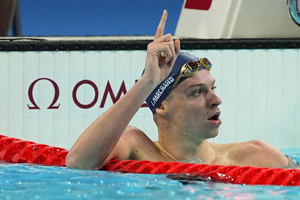 31 July 2024, France, Paris: Olympics, Paris 2024, 200 m butterfly, men, final, Leon Marchand from France celebrates after the final. Photo: Michael Kappeler/dpa (Photo by Michael Kappeler/picture alliance via Getty Images)