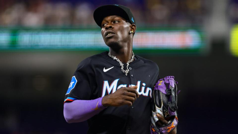 Jul 5, 2024; Miami, Florida, USA; Miami Marlins center fielder Jazz Chisholm Jr. (2) looks on against the Chicago White Sox during the first inning at loanDepot Park. 