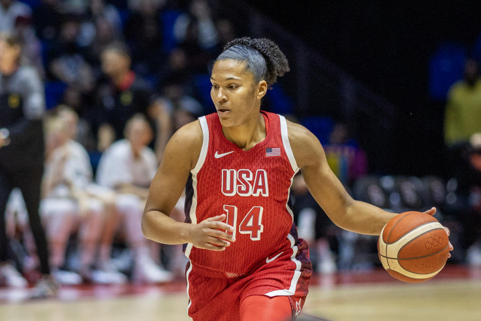 LONDON, ENGLAND: JULY 23: Alyssa Thomas #14 of the United States in action during the USA V Germany, USA basketball showcase Women's basketball match in preparation for the Paris Olympic Games at The O2 Arena on July 23rd, 2024, in London, England. (Photo by Tim Clayton/Corbis via Getty Images)