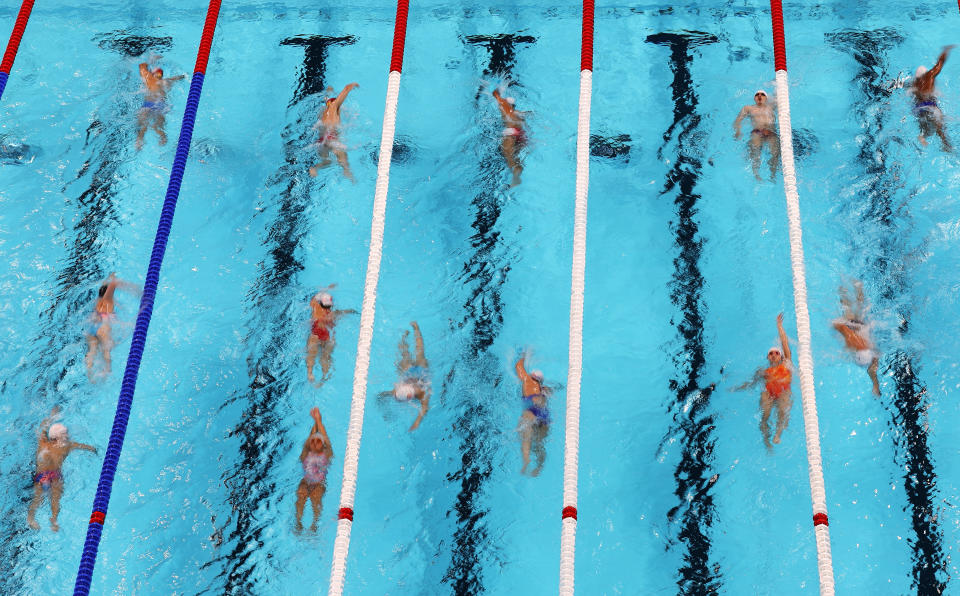 Swimmers train in the pool at La Défense Arena. (Photo by Al Bello/Getty Images)