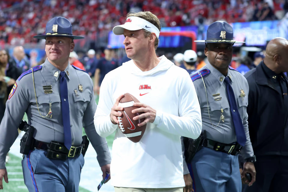 ATLANTA, GA - DECEMBER 30: Ole Miss Rebels head coach Lane Kiffin during the Chick-fil-A Peach Bowl between the Penn State Nittany Lions and the Mississippi Rebels on December 30, 2023 at Mercedes-Benz Stadium in Atlanta, Georgia. (Photo by Michael Wade/Icon Sportswire via Getty Images)