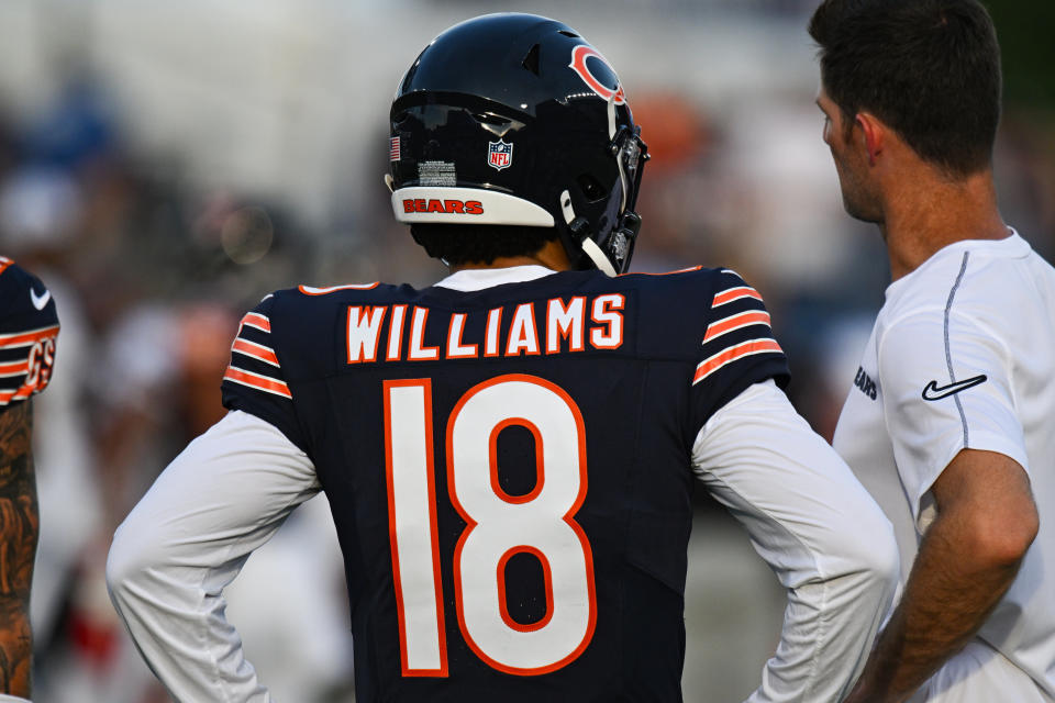 CANTON, OH - AUGUST 01: Chicago Bears QB Caleb Williams (18) during warmups for a National Football League preseason game between the Chicago Bears and Houston Texans on August 1, 2024 at Tom Benson Hall of Fame Stadium in Canton, OH. (Photo by James Black/Icon Sportswire via Getty Images)