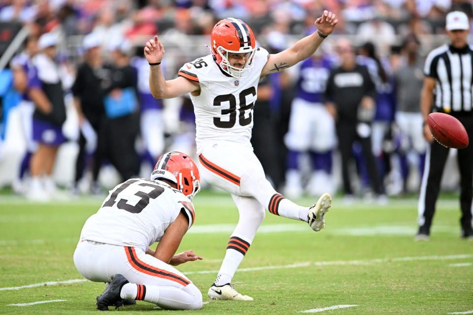 CLEVELAND, OHIO - AUGUST 17: Cade York #36 of the Cleveland Browns kicks a 33-yard field goal during the second half of a preseason game against the Minnesota Vikings at Cleveland Browns Stadium on August 17, 2024 in Cleveland, Ohio. (Photo by Nick Cammett/Getty Images)