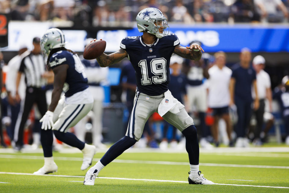 INGLEWOOD, CALIFORNIA - AUGUST 11: Trey Lance #19 of the Dallas Cowboys throws during a preseason game against the Los Angeles Rams at SoFi Stadium on August 11, 2024 in Inglewood, California. (Photo by Ric Tapia/Getty Images)