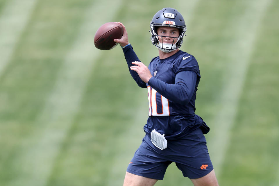 ENGLEWOOD, COLORADO - MAY 11: Quarterback Bo Nix #10 of the Denver Broncos throws during Denver Broncos Rookie Minicamp at Centura Health Training Center on May 11, 2024 in Englewood, Colorado. (Photo by Matthew Stockman/Getty Images)