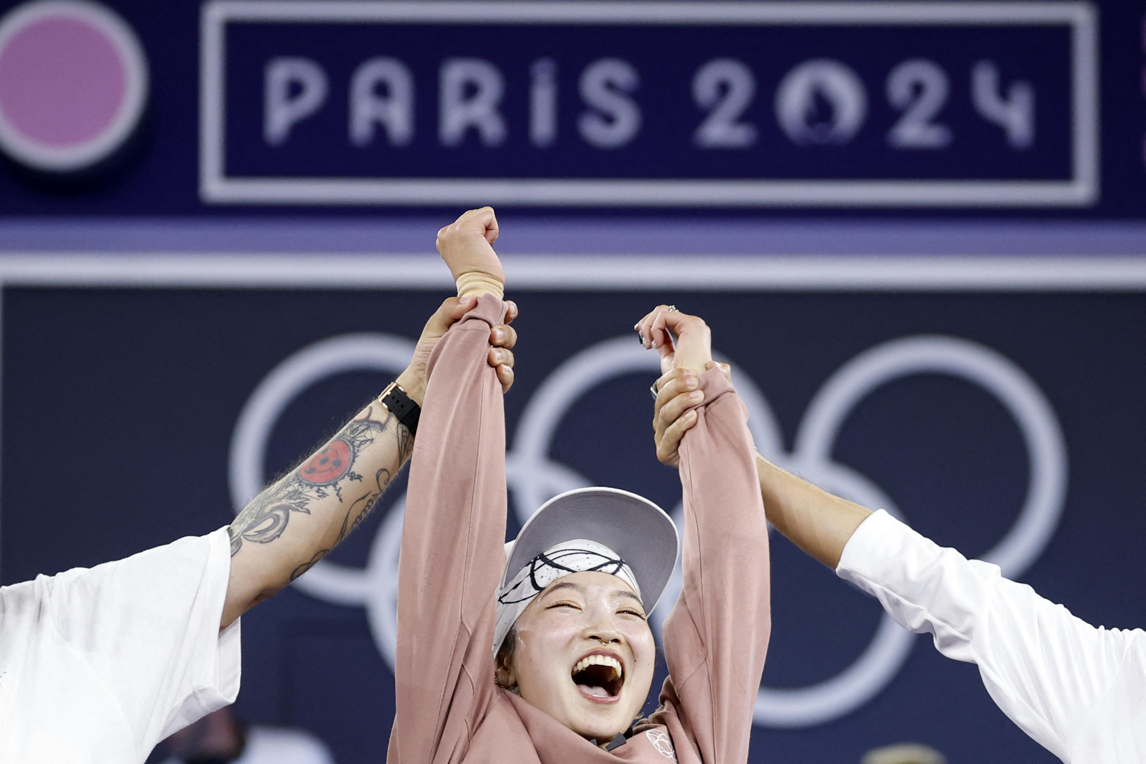 Japan's Ami Yuasa known as Ami celebrates winning the gold medal at the end of the Women's Breaking dance gold medal battle of the Paris 2024 Olympic Games at La Concorde in Paris, on August 9, 2024. (Odd Andersen/AFP/Getty Images)